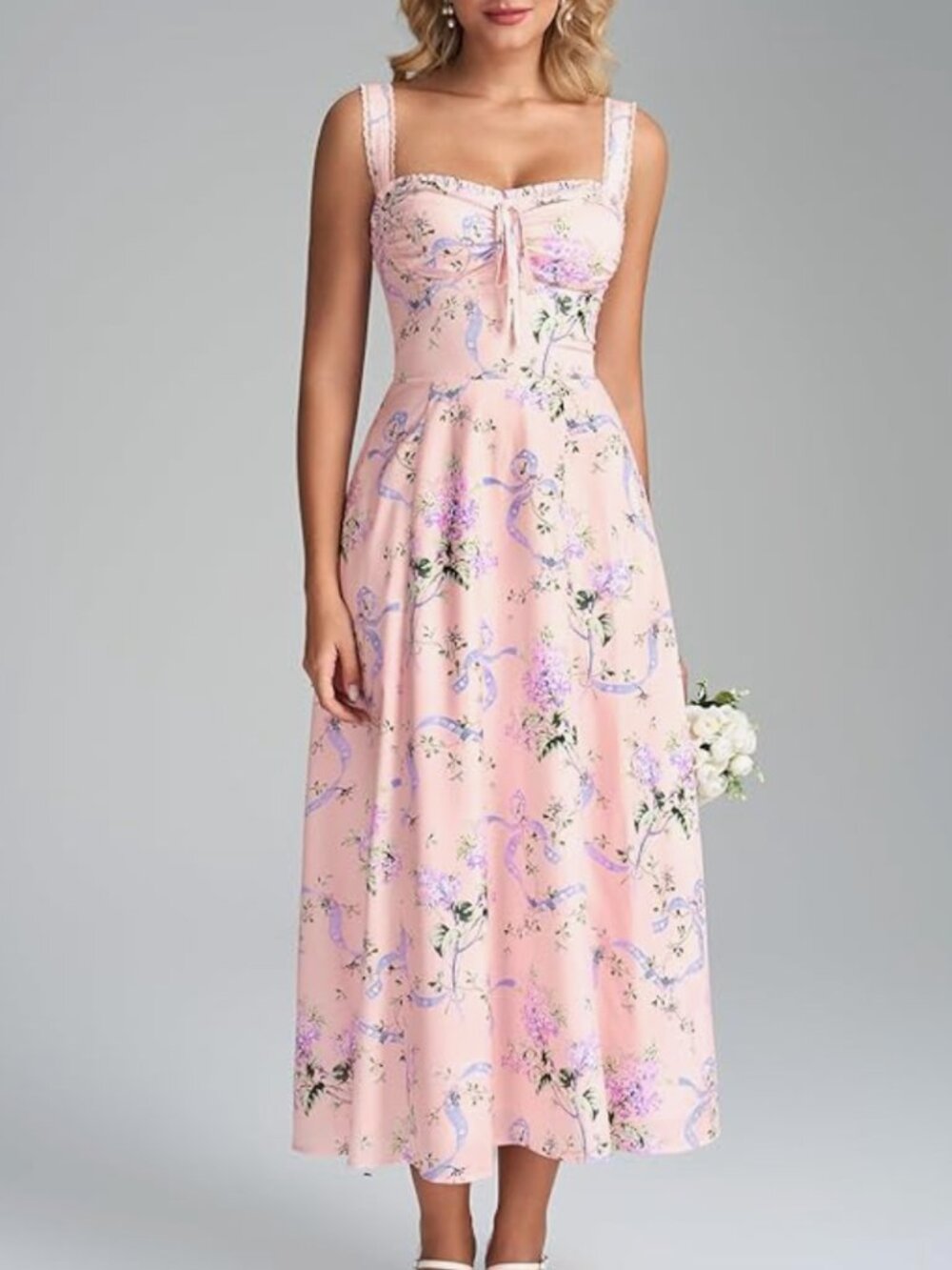 Floral Corset Lace Up Midi Dress Pockets - perfect for Wedding Guest